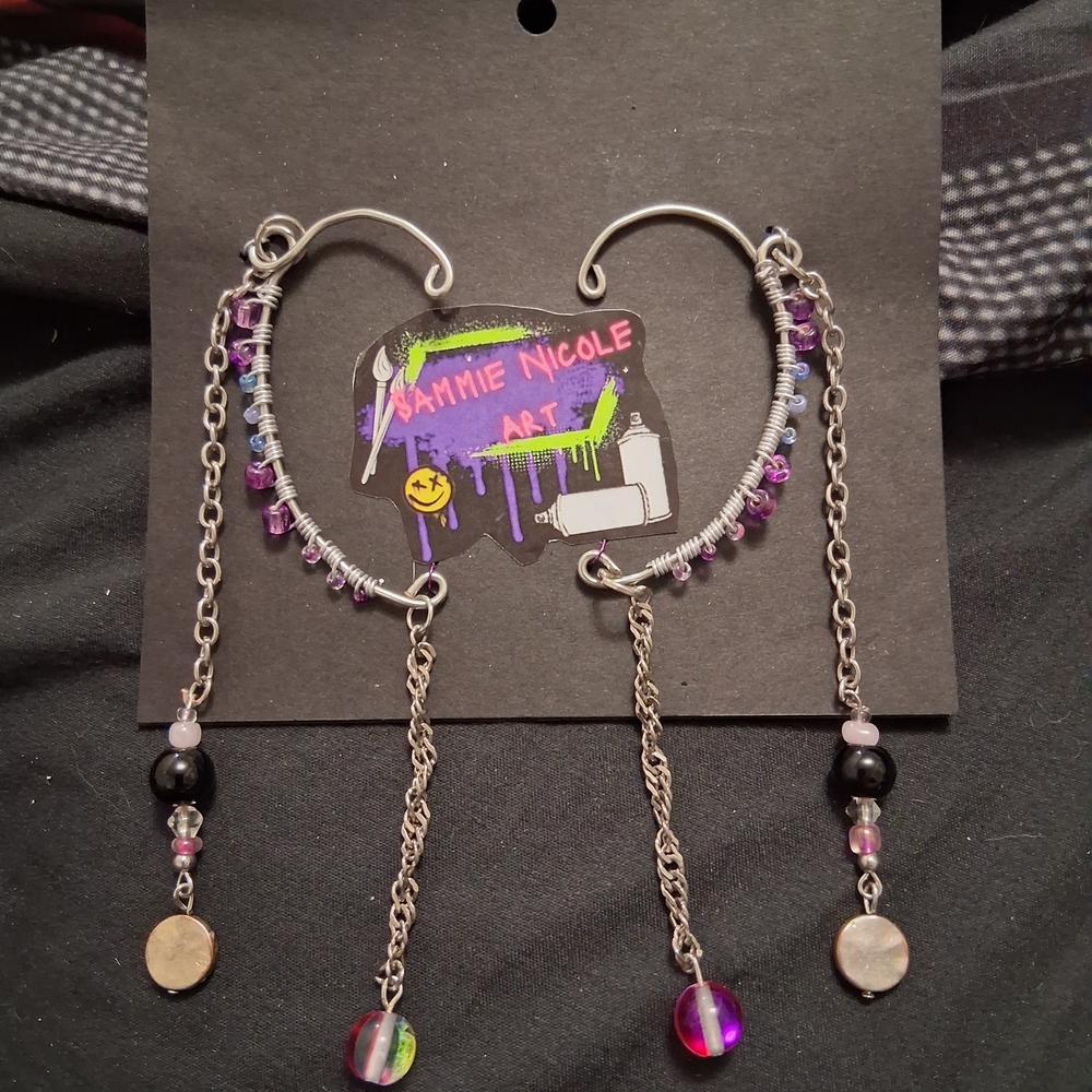 Handmade Silver and Purple Dangle Ear Cuffs